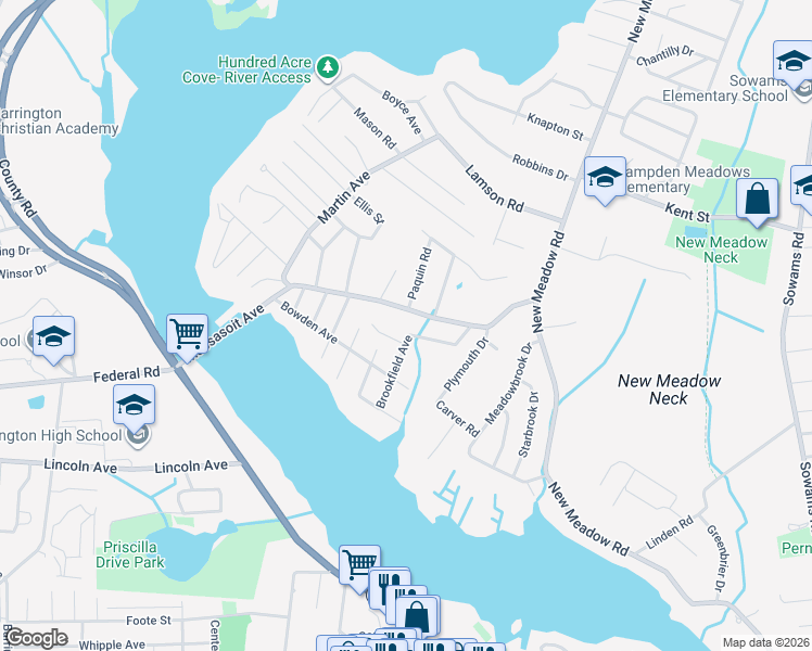 map of restaurants, bars, coffee shops, grocery stores, and more near 17 Arvin Avenue in Barrington