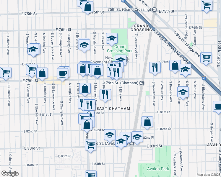 map of restaurants, bars, coffee shops, grocery stores, and more near 7930 South Ingleside Avenue in Chicago