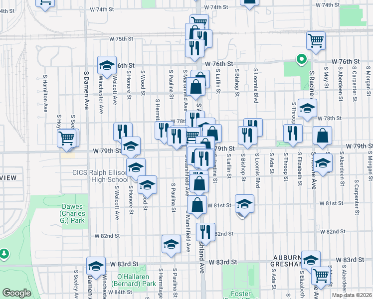 map of restaurants, bars, coffee shops, grocery stores, and more near W 79th St & S Marshfield Ave in Chicago
