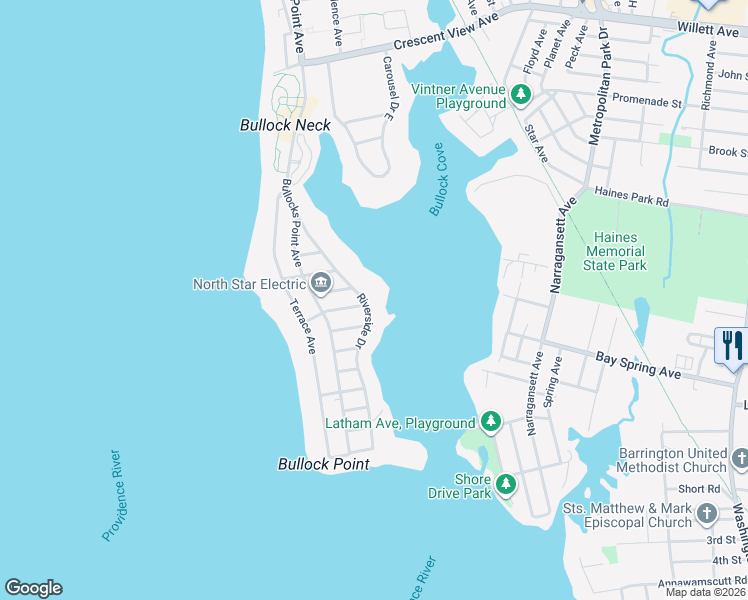 map of restaurants, bars, coffee shops, grocery stores, and more near 120 Riverside Drive in East Providence