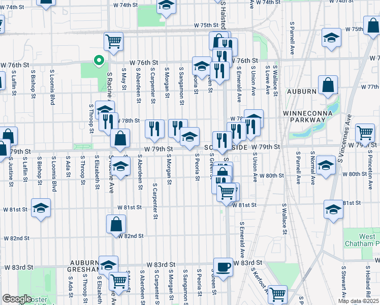 map of restaurants, bars, coffee shops, grocery stores, and more near 7901 South Sangamon Street in Chicago