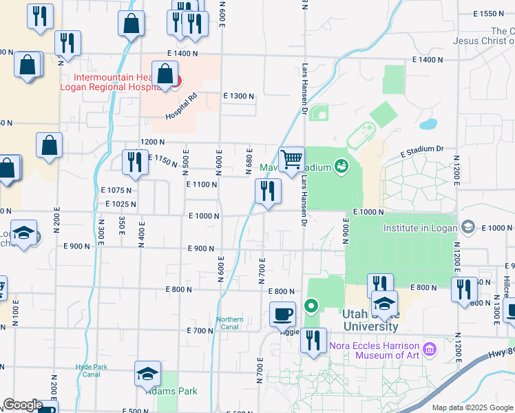 map of restaurants, bars, coffee shops, grocery stores, and more near 695 East 1000 North in Logan