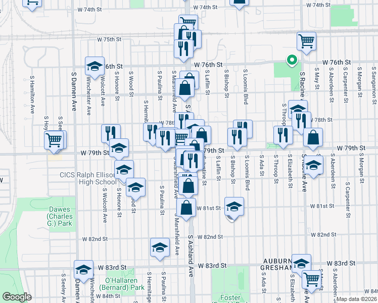 map of restaurants, bars, coffee shops, grocery stores, and more near South Ashland Avenue & West 79th Street in Chicago