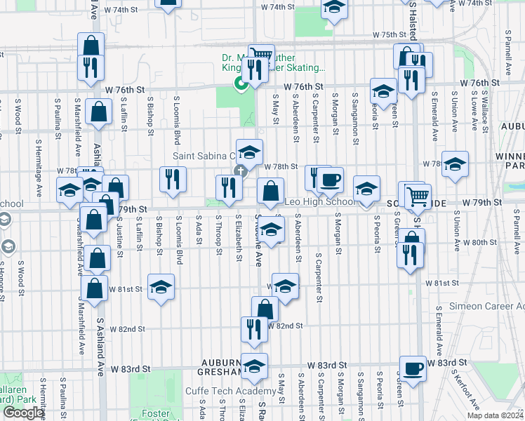 map of restaurants, bars, coffee shops, grocery stores, and more near 7901 South Racine Avenue in Chicago