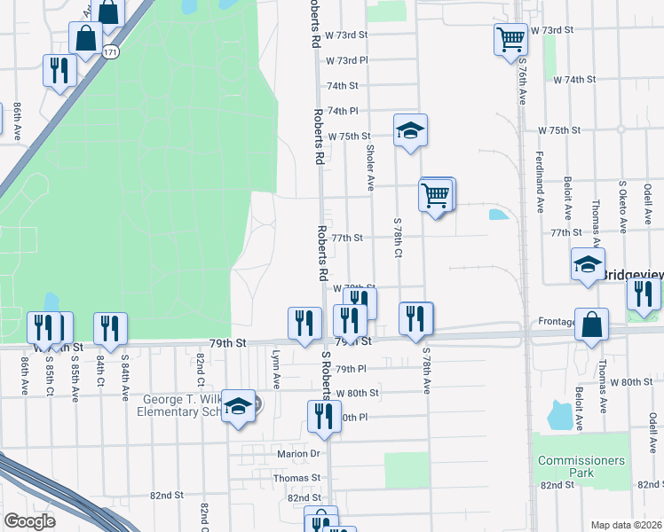 map of restaurants, bars, coffee shops, grocery stores, and more near 7707 Roberts Road in Bridgeview