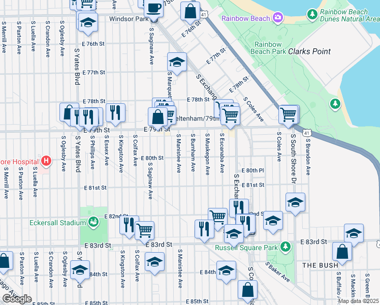 map of restaurants, bars, coffee shops, grocery stores, and more near 7956 South Burnham Avenue in Chicago
