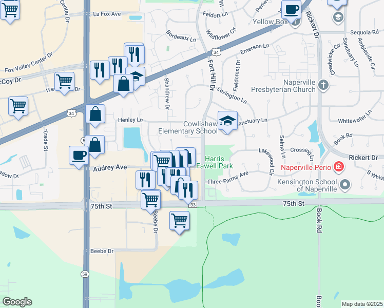 map of restaurants, bars, coffee shops, grocery stores, and more near 2517 Dunraven Avenue in Naperville