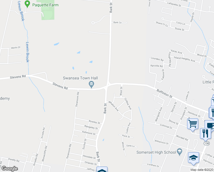 map of restaurants, bars, coffee shops, grocery stores, and more near Bark St & Stevens Rd in Swansea