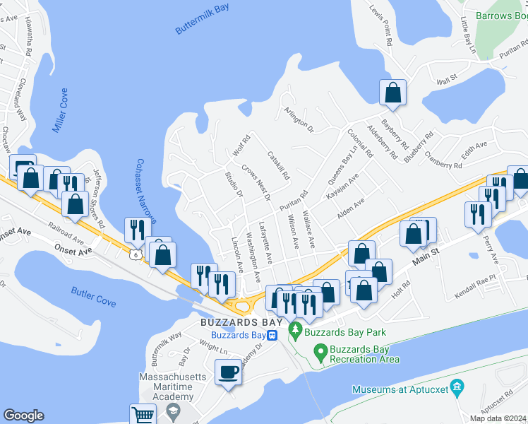 map of restaurants, bars, coffee shops, grocery stores, and more near 5 Crows Nest Drive in Bourne