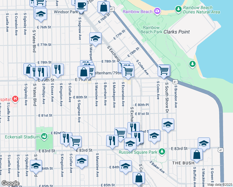 map of restaurants, bars, coffee shops, grocery stores, and more near 7929 South Muskegon Avenue in Chicago
