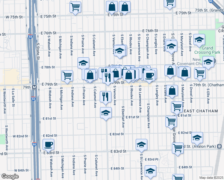 map of restaurants, bars, coffee shops, grocery stores, and more near 7924 South Vernon Avenue in Chicago