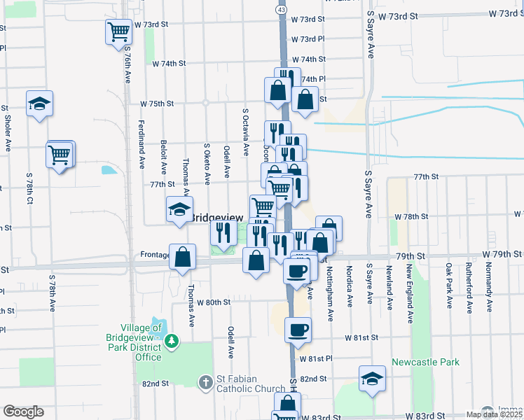 map of restaurants, bars, coffee shops, grocery stores, and more near 7735 South Oconto Avenue in Bridgeview