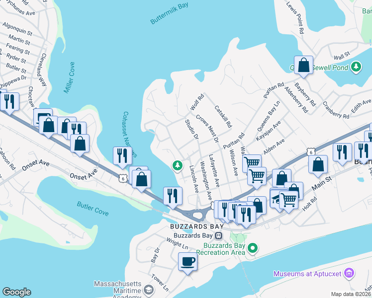 map of restaurants, bars, coffee shops, grocery stores, and more near 11 Van Bummel Road in Bourne