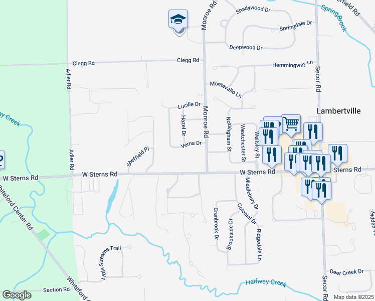 map of restaurants, bars, coffee shops, grocery stores, and more near 7512 Hazel Street in Lambertville