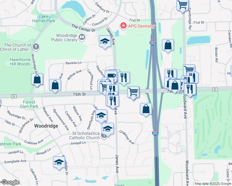 map of restaurants, bars, coffee shops, grocery stores, and more near W 75th St & N Janes Ave in Woodridge