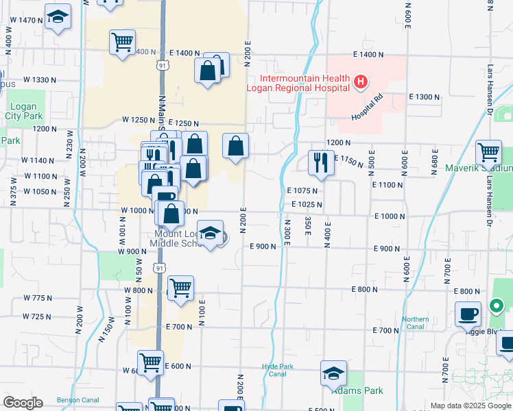 map of restaurants, bars, coffee shops, grocery stores, and more near 246 East 1100 North in Logan