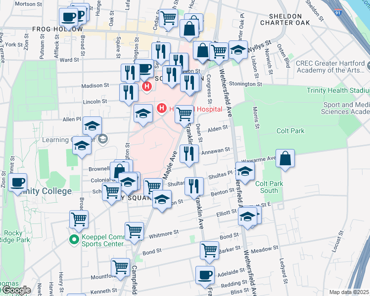 map of restaurants, bars, coffee shops, grocery stores, and more near 43 Franklin Avenue in Hartford
