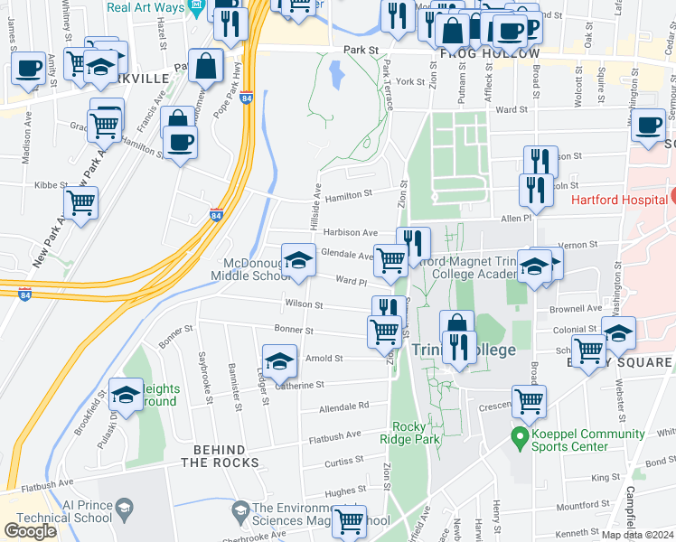 map of restaurants, bars, coffee shops, grocery stores, and more near 55 Glendale Avenue in Hartford