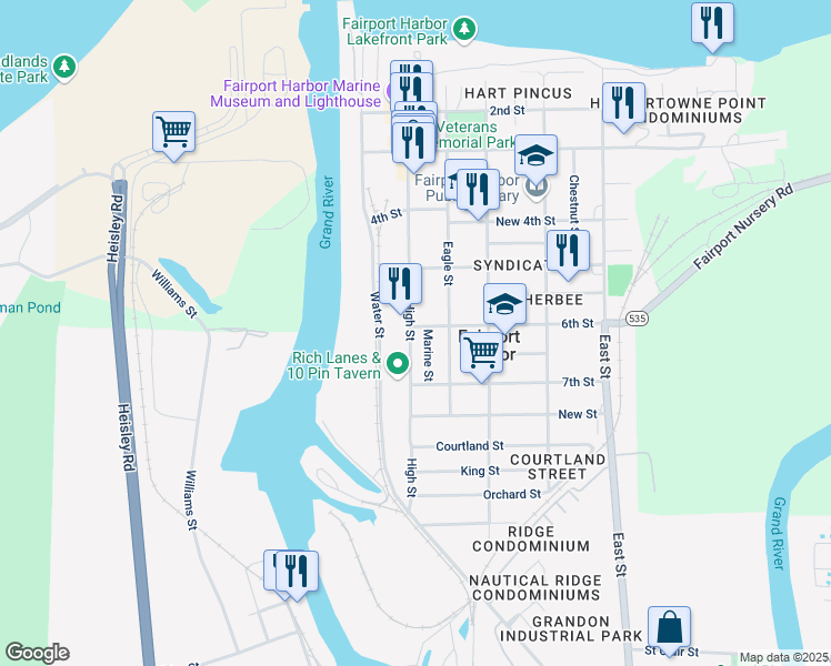 map of restaurants, bars, coffee shops, grocery stores, and more near 535 High Street in Fairport Harbor