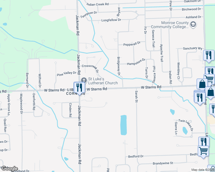 map of restaurants, bars, coffee shops, grocery stores, and more near 7440 Crosscreek Drive in Temperance