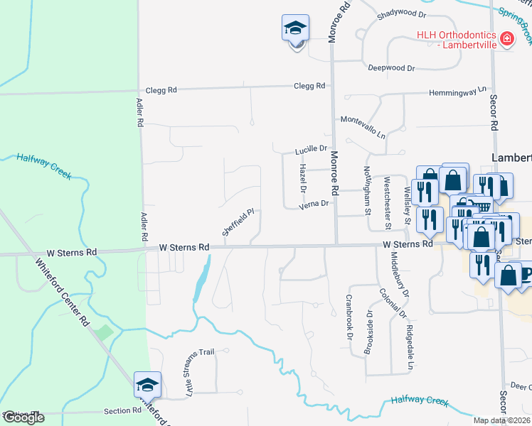 map of restaurants, bars, coffee shops, grocery stores, and more near 7499 Canterbury Drive in Lambertville