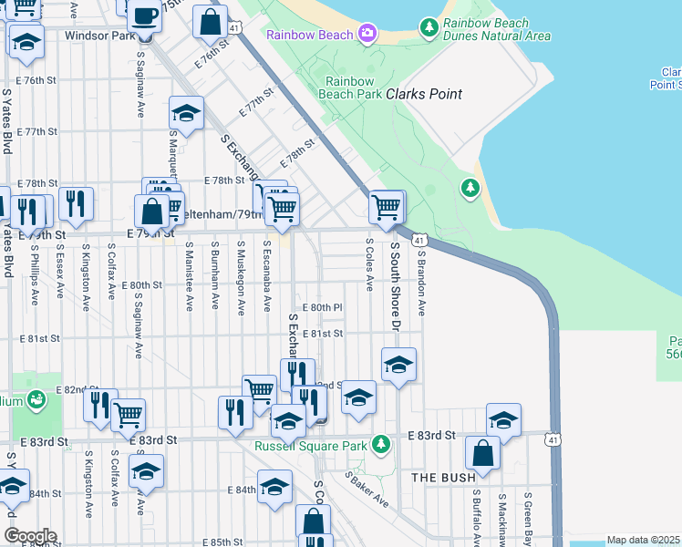 map of restaurants, bars, coffee shops, grocery stores, and more near 3030 East 79th Place in Chicago