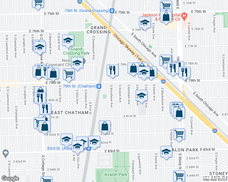map of restaurants, bars, coffee shops, grocery stores, and more near 7908 South Woodlawn Avenue in Chicago