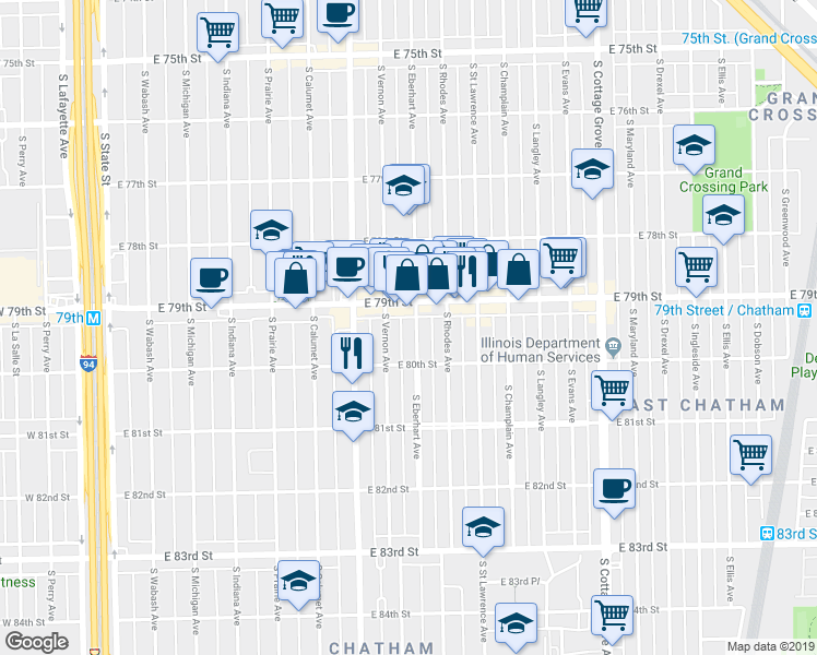 map of restaurants, bars, coffee shops, grocery stores, and more near 458 East 79th Street in Chicago
