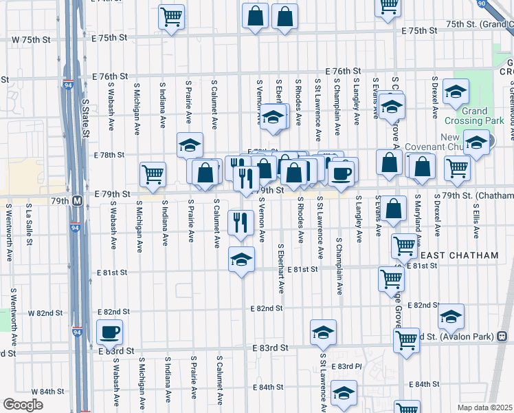map of restaurants, bars, coffee shops, grocery stores, and more near 458 East 79th Street in Chicago