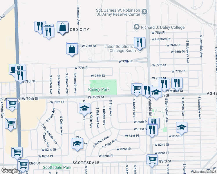 map of restaurants, bars, coffee shops, grocery stores, and more near 4215 West 78th Street in Chicago