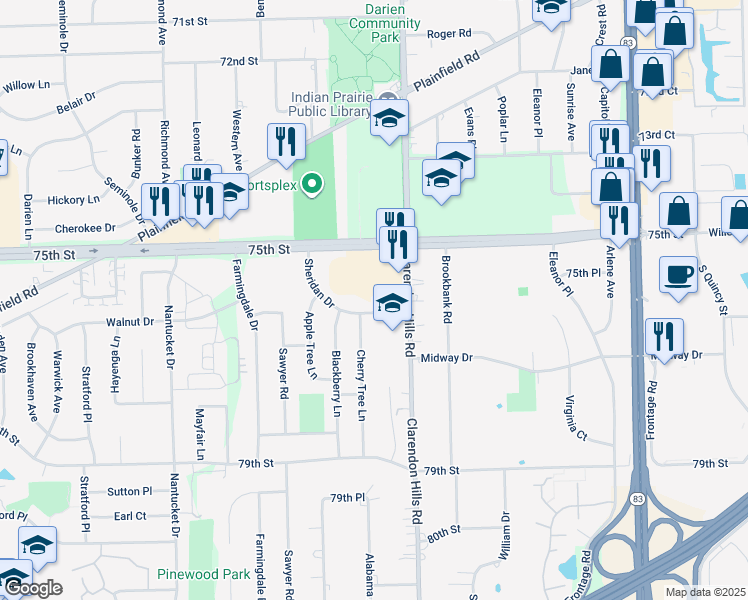 map of restaurants, bars, coffee shops, grocery stores, and more near 327 75th Street in Willowbrook