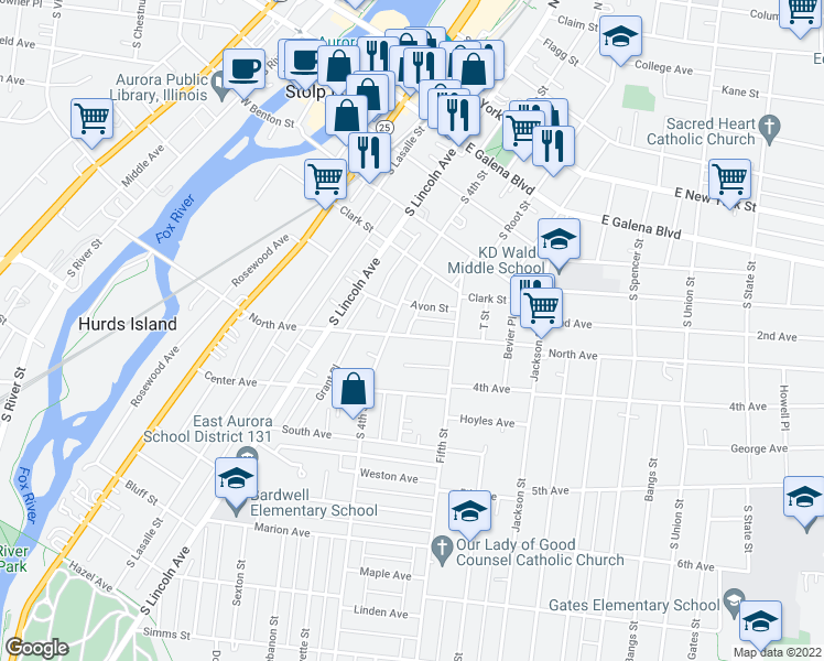 map of restaurants, bars, coffee shops, grocery stores, and more near 413 Avon Street in Aurora