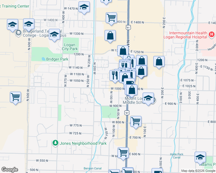 map of restaurants, bars, coffee shops, grocery stores, and more near 1040 North 130 West in Logan
