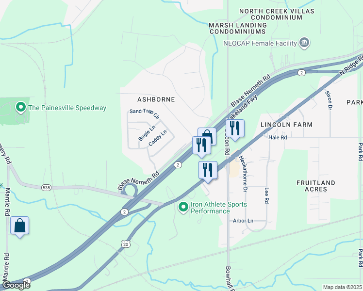 map of restaurants, bars, coffee shops, grocery stores, and more near 1743 Blase Nemeth Road in Painesville