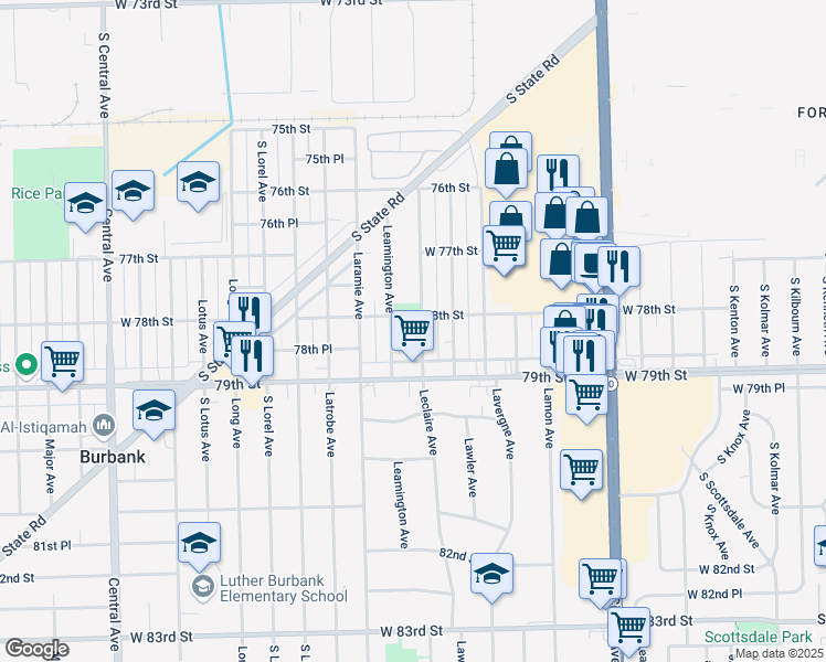 map of restaurants, bars, coffee shops, grocery stores, and more near 7757 West 78th Street in Burbank
