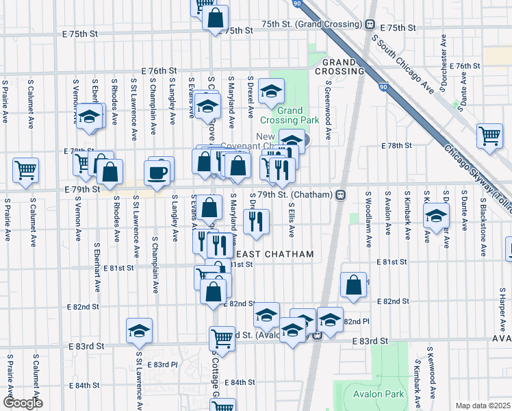 map of restaurants, bars, coffee shops, grocery stores, and more near 7906 South Drexel Avenue in Chicago