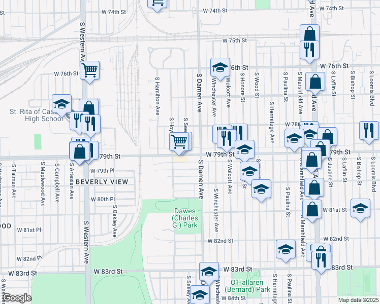 map of restaurants, bars, coffee shops, grocery stores, and more near 7834 South Damen Avenue in Chicago