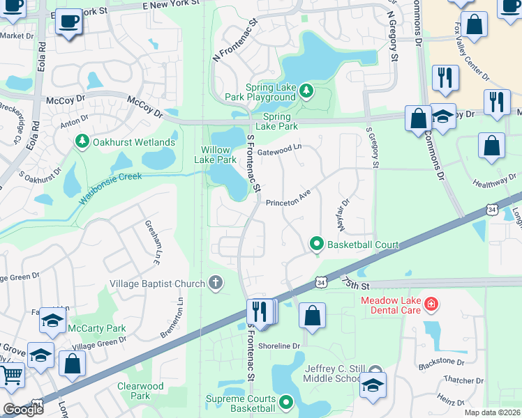 map of restaurants, bars, coffee shops, grocery stores, and more near 3498 Saint Kitts Court in Aurora