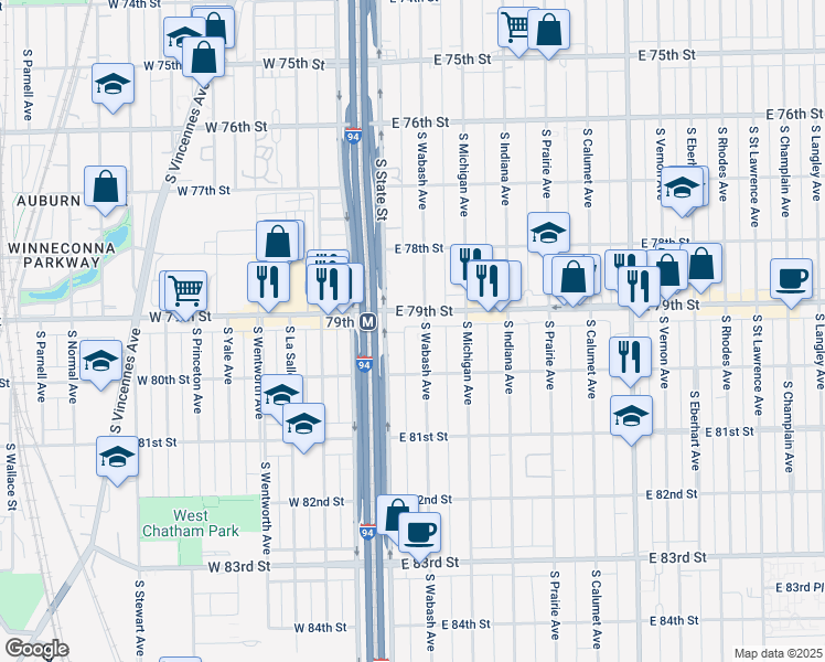 map of restaurants, bars, coffee shops, grocery stores, and more near 7914 South Wabash Avenue in Chicago