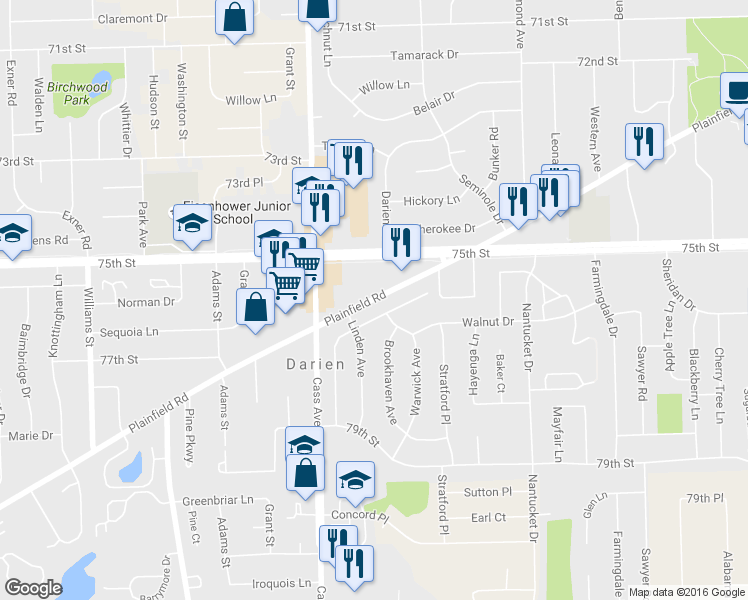 map of restaurants, bars, coffee shops, grocery stores, and more near 1118 Plainfield Road in Darien