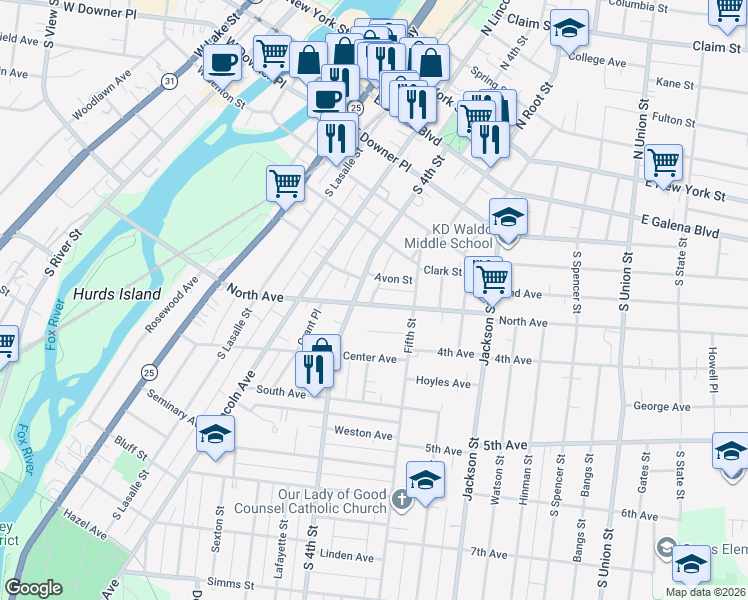 map of restaurants, bars, coffee shops, grocery stores, and more near 422 North Avenue in Aurora