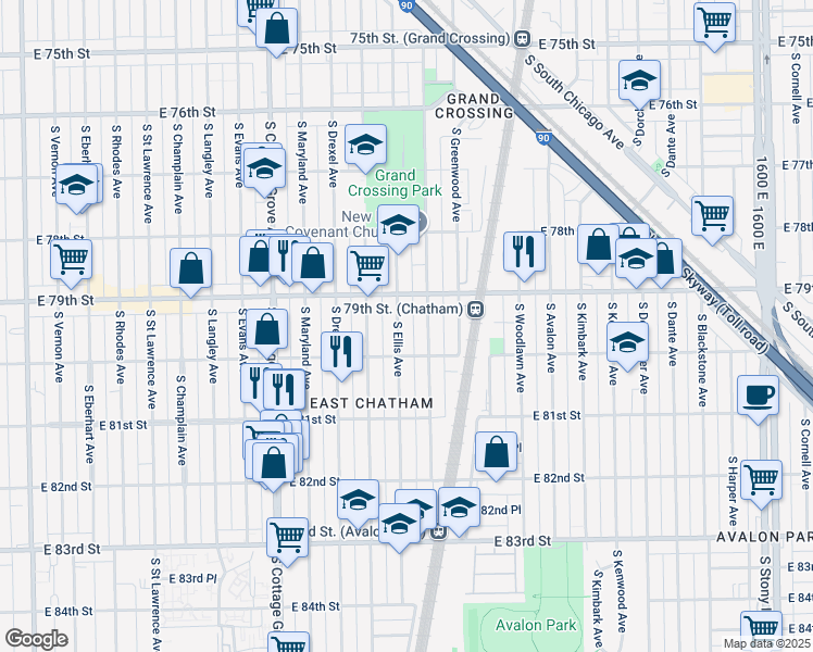 map of restaurants, bars, coffee shops, grocery stores, and more near 7929 South Ellis Avenue in Chicago