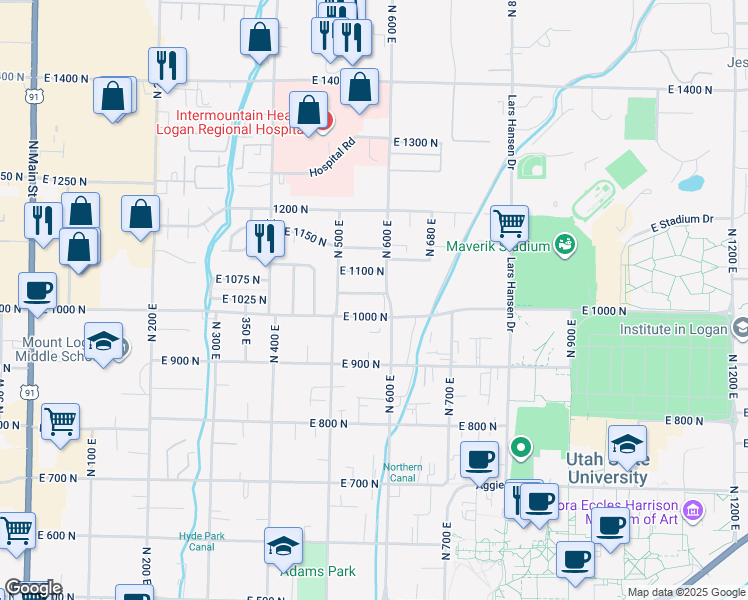 map of restaurants, bars, coffee shops, grocery stores, and more near 576 Douglas Drive in Logan