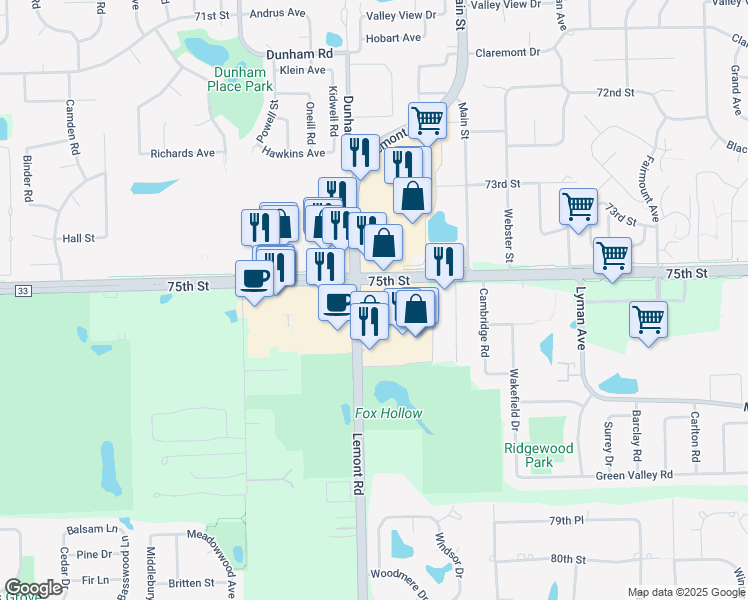 map of restaurants, bars, coffee shops, grocery stores, and more near in Woodridge