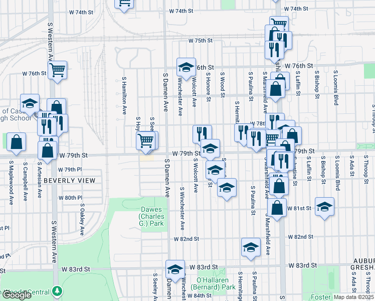 map of restaurants, bars, coffee shops, grocery stores, and more near 7843 South Winchester Avenue in Chicago