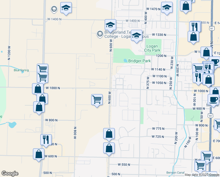 map of restaurants, bars, coffee shops, grocery stores, and more near 1000 North 600 West in Logan