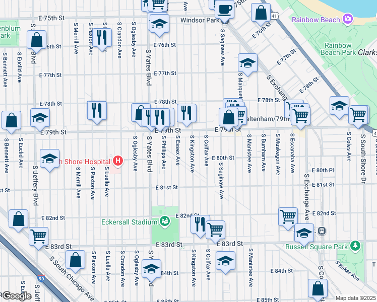 map of restaurants, bars, coffee shops, grocery stores, and more near 7923 South Kingston Avenue in Chicago