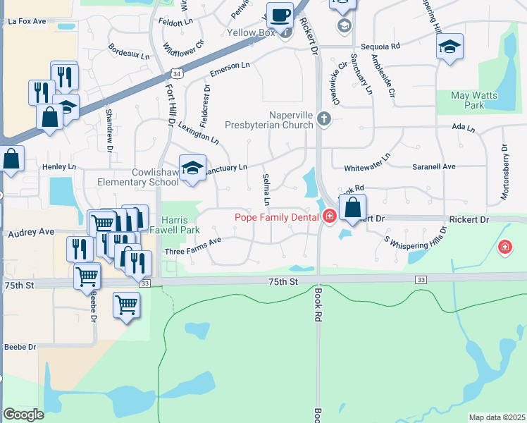 map of restaurants, bars, coffee shops, grocery stores, and more near 2063 Crossing Lane in Naperville