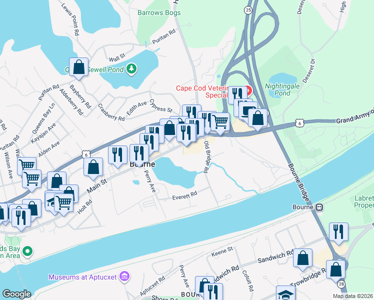 map of restaurants, bars, coffee shops, grocery stores, and more near Buzzards Bay Main St in Buzzards Bay