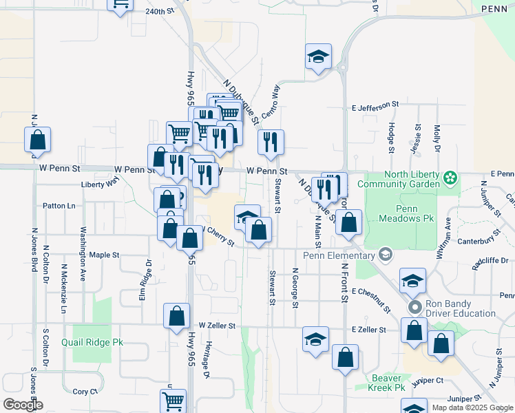 map of restaurants, bars, coffee shops, grocery stores, and more near 50 Village Drive in North Liberty